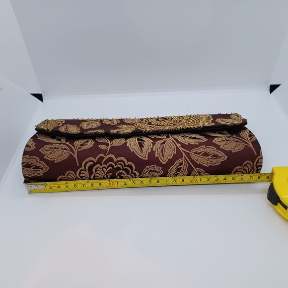 Beaded Silk Evening Clutch Wristlet Bag Burgundy Brown curtain print style NWT - Picture 5 of 5